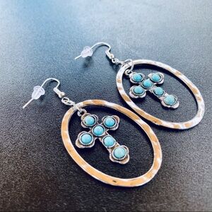 Hammered Silver Oval Turquoise
Cross Earrings